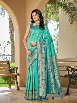 Manohari - Women's Turquoise Ethnic Banarasi Silk Saree with Unstitched Blouse