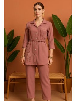 FashionTownie - Cotton Silk Pink Collar Neck Three Fourth Sleeves Belted Co-ord Set