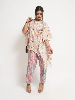 FashionTownie - Cotton Silk Peach Floral Printed Kaftan Kurti with Pant