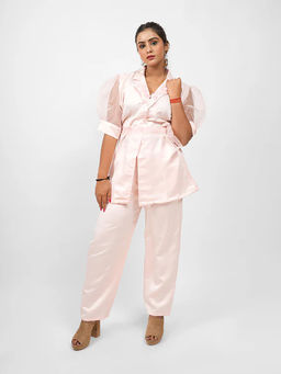 FashionTownie - Cotton Silk Pink Puff Sleeves Belted Co-ord Set
