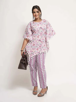 FashionTownie - Cotton Silk Purple Floral Printed Kaftan Kurti with Pant