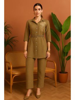 FashionTownie - Cotton Silk Olive Collar Neck Three Fourth Sleeves Belted Co-ord Set