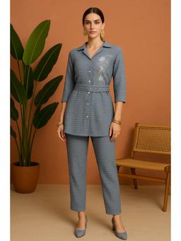 FashionTownie - Cotton Silk Grey Collar Neck Three Fourth Sleeves Belted Co-ord Set