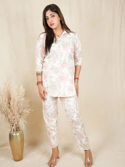 FashionTownie - Cotton Silk White Collar Neck Three Fourth Sleeves Co-ord Set
