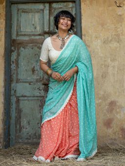 Suta - Orange Bandhani Pure Cotton Saree without Blouse