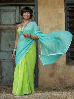 Suta - Green Bandhani Pure Cotton Saree without Blouse