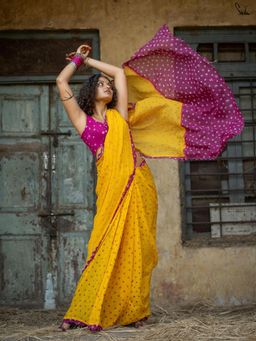 Suta - Yellow Bandhani Pure Cotton Saree without Blouse