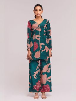 Odette - Teal Silk Blend Printed Stitched Co-Ord for Women (Set of 2)