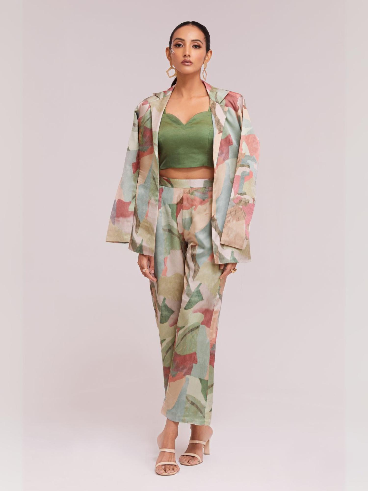 odette Green Satin Printed Stitched Co-Ord for Women (Set of 3)-picture-39