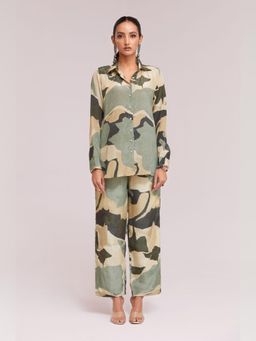 Odette - Green Silk Blend Printed Stitched Co-Ord for Women (Set of 2)