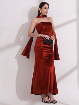 SALVIA SKY - Burnt Orange Velvet Bodycon Dress with Dupatta (Set of 2)