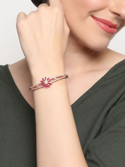 Aatmana - Rose Gold Plated American Diamond Ruby Studded Floral Patterned Bracelet