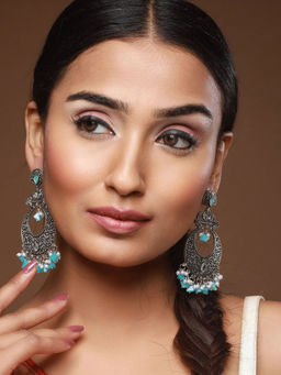 Aatmana - Oxidised Silver-Toned & Blue Stone Studded Chandbalis