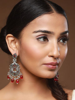 Aatmana - Red Silver-Plated Kundan Studded Peacock Shaped Chandbalis