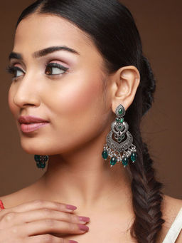 Aatmana - Green Silver-Plated Kundan Studded Fish Shaped Chandbalis