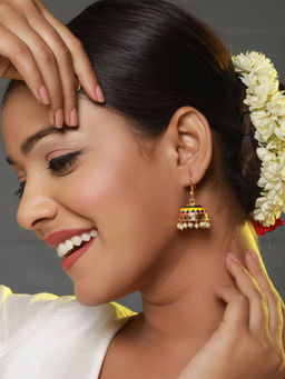 Aatmana - Set of 2 Pink & Yellow Gold Plated Contemporary Meenakari Jhumkas Earrings