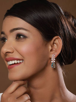 Aatmana - Rose Gold-Plated & Octa Blue AD-Studded Handcrafted Teardrop Drop Earrings