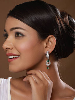 Aatmana - Green & White Rhodium Plated AD Studded Teardrop Earrings