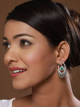 Aatmana - Green & White Rhodium Plated AD Studded Drop Earrings