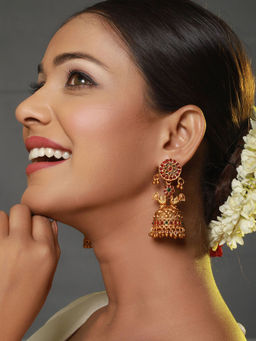 Aatmana - Gold-Toned Red & Green Peacock Shaped Jhumkas Earrings