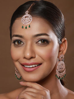 Aatmana - Rosegold-Plated Green American Diamond Studded Maang Tikka And Earrings Set
