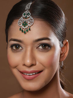 Aatmana - Silver-Plated & Green American Diamond & White CZ-Studded Handcrafted Maang Tikka