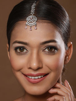 Aatmana - Rhodium-Plated Pink & White AD Studded Maang Tikka