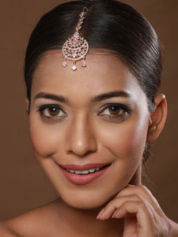 Aatmana - Rose Gold-Plated Pink & White AD-Studded Handcrafted Maang Tikka