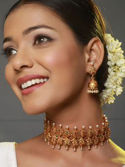 Aatmana - 24K Gold-Plated Handcrafted Red & Green Stone Studded Temple Necklace Set