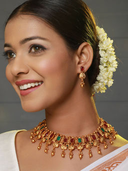 Aatmana - 22 K Gold-Plated Red & Green Stone Studded & Beaded Temple Jewellery Set