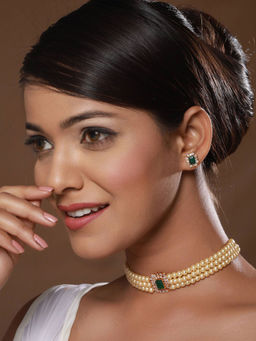 Aatmana - Gold-Toned And Green Gold-Plated Multi Layer Pearl Choker Jewellery Set