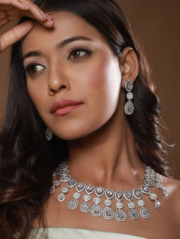 Aatmana - Silver-Plated White AD-Studded Statement Jewellery Set