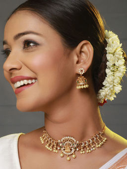 Aatmana - 24K Gold-Plated & AD Stone Studded Peacock Shaped Temple Choker Jewellery Set