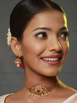 Aatmana - 24K Gold-Plated White American Diamond Studded Green & Pink Stone Temple Jewelry Set