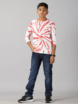KiddoPanti - Boys Tie & Dye Full Sleeve T-shirt & Denim Jeans Set - Maroon