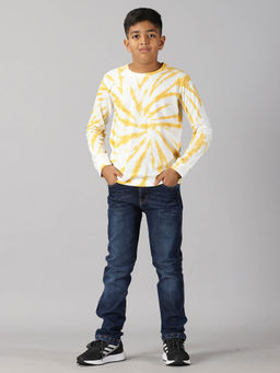 KiddoPanti - Boys Tie & Dye Full Sleeve T-shirt & Denim Jeans Set - Mustard