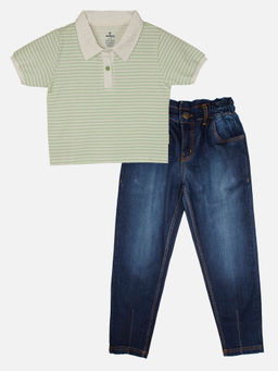 KiddoPanti - Girls Crop Length Polo T-shirt and Paper Bag Jeans Pant Set - Green