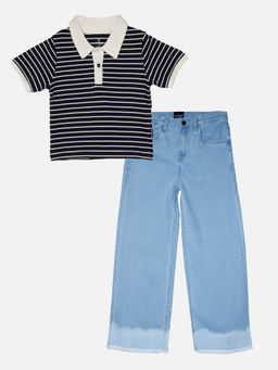 KiddoPanti - Girls Crop Length Polo T-shirt and Denim Jeans Set - Navy Blue