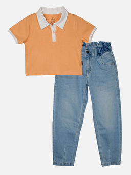 KiddoPanti - Girls Crop Length Polo T-shirt and Paper Bag Jeans Pant Set - Peach