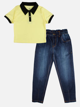 KiddoPanti - Girls Crop Length Polo T-shirt and Paper Bag Jeans Pant Set - Yellow