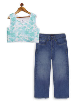 KiddoPanti - Girls Tie & Dye Rib Crop Top & Girls Jeans Pant Set - Multi-Color