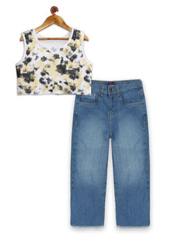 KiddoPanti - Girls Tie & Dye Rib Crop Top & Girls Jeans Pant Set - Multi-Color
