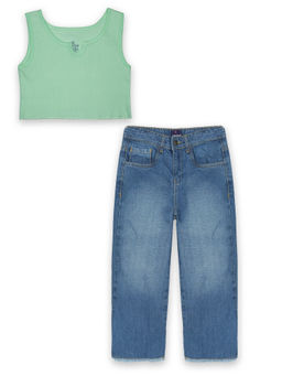 KiddoPanti - Girls Rib Crop Tank Top and Girls Jeans Pant Set - Green