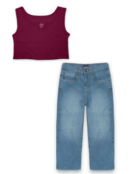 KiddoPanti - Girls Rib Crop Tank Top and Girls Jeans Pant Set - Wine