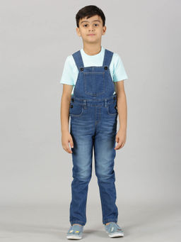 KiddoPanti - Solid Half Sleeve Round neck T-shirt and Denim Dungaree Pant Set - Blue