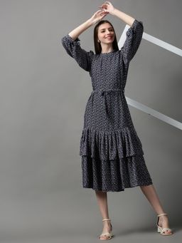 SHOWOFF - Womens High Neck Floral Navy Blue Midi Dress