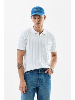 Snitch - Men Off White Self Design Fresco Knitted Polo T-Shirt