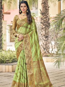 Odette - Olive Colour Organza Saree with Unstitched Blouse
