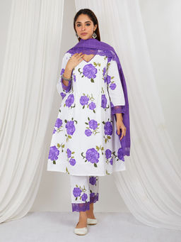 Tapestry - Purple Printed Lace Detailing Kurta And Pant with Dupatta (Set of 3)