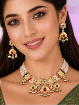 OOMPH - Gold Heritage Rajwadi Poth Moti Mala Necklace Set